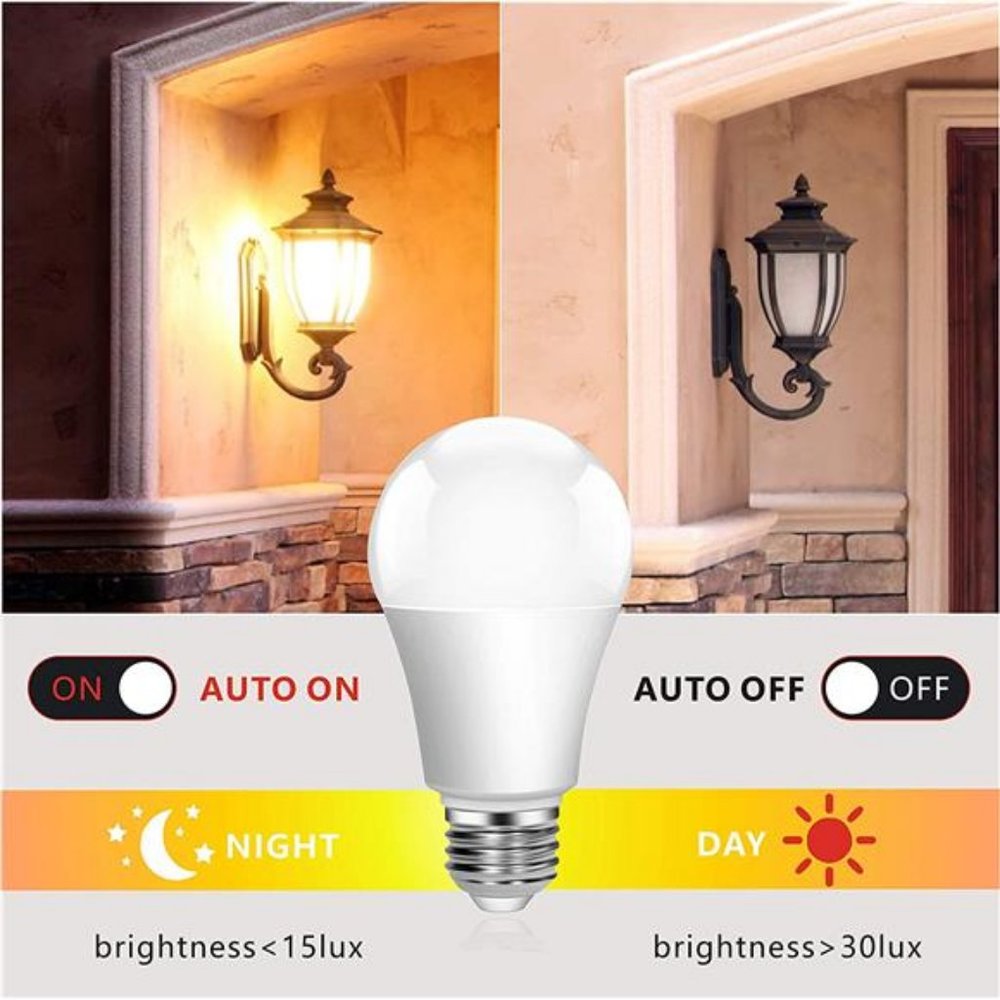 Light Bulb,9W(60W Equivalent),A19 Photocell Sensor Bulb3000K Warm White, 2-Pack